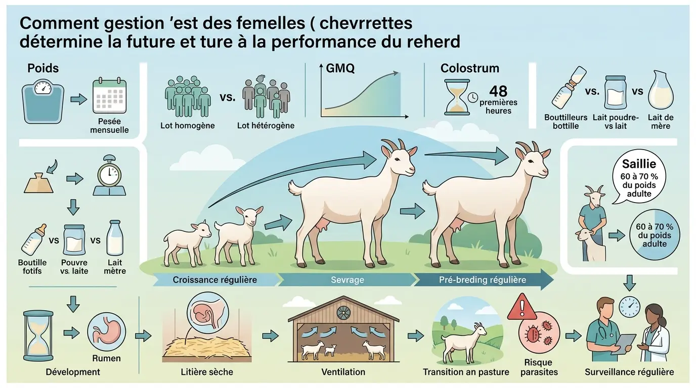 Infographie sur l'élevage chevrette, illustrant la gestion précoce pour optimiser lactation et performance du troupeau.