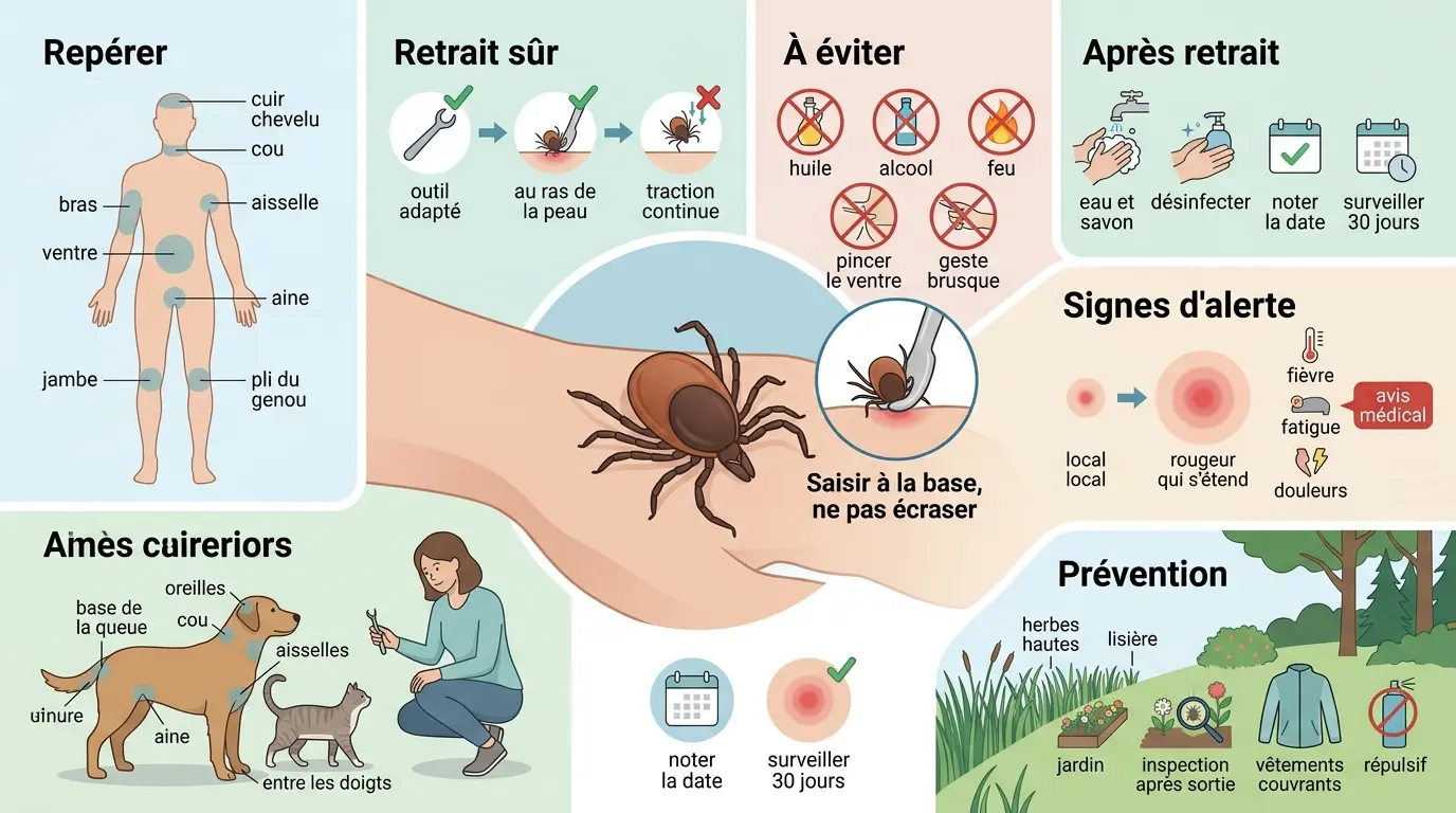 Infographie éducative sur comment enlever les tiques, avec étapes de retrait, prévention et surveillance des symptômes.