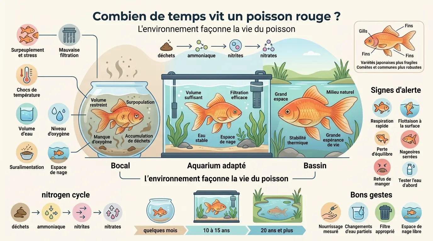 Infographie éducative sur l'espérance vie poisson rouge, montrant l'impact de l'environnement sur sa longévité.