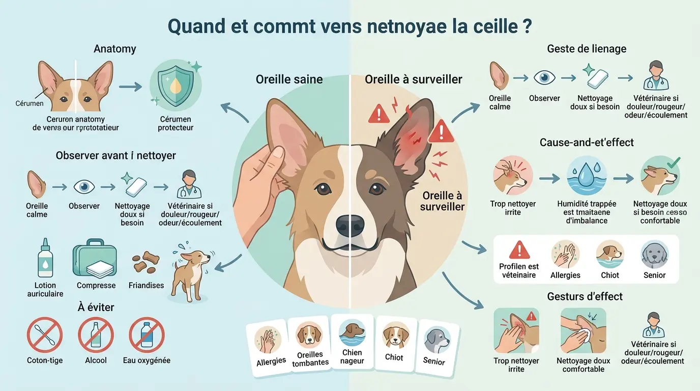 Infographie éducative sur nettoyer oreilles chiens, montrant un chien calme avec une oreille saine et une à surveiller, accompagnée d'éléments explicatifs.