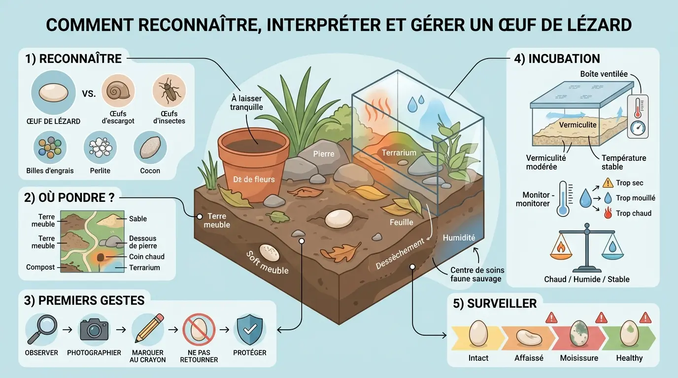 Infographie éducative sur l'œuf de lézard, montrant reconnaissance, gestion et incubation dans un terrarium.