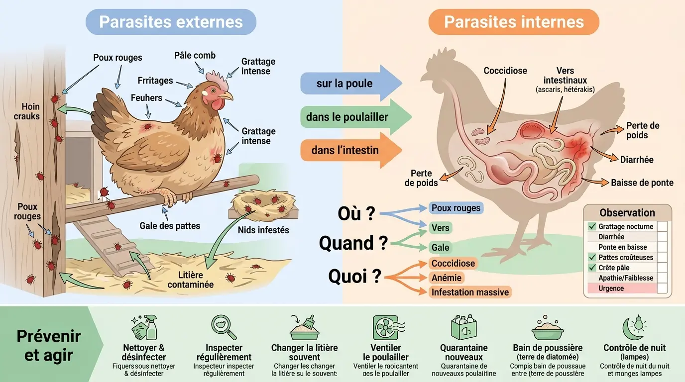 Infographie éducative sur les parasites poules, illustrant les parasites externes et internes, prévention et diagnostics.