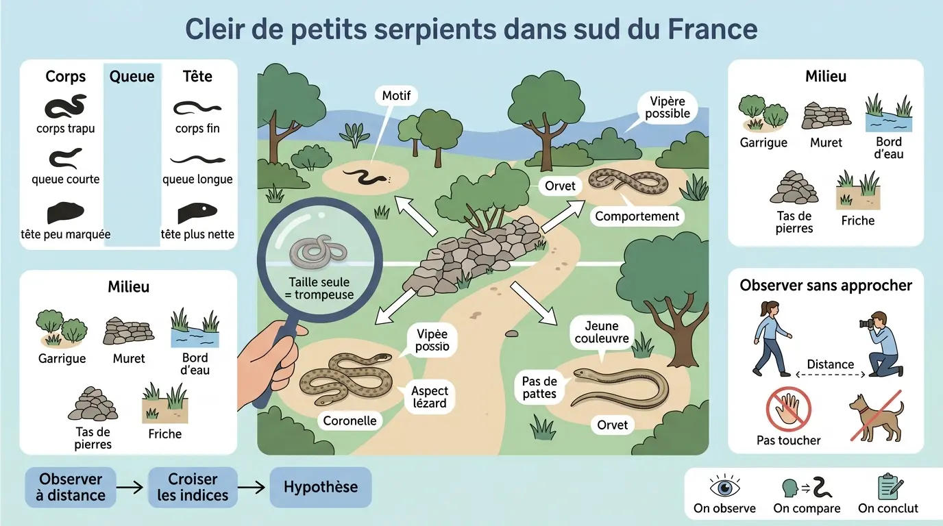 Infographie éducative sur le petit serpent sud de la France, illustrant identification et habitats avec comparaisons visuelles.
