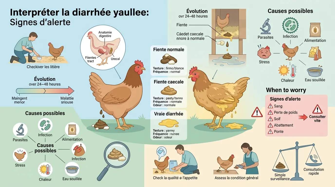 Infographie éducative sur la poule diarrhée jaune, illustrant fientes normales et anormales, causes et signes d'alerte.