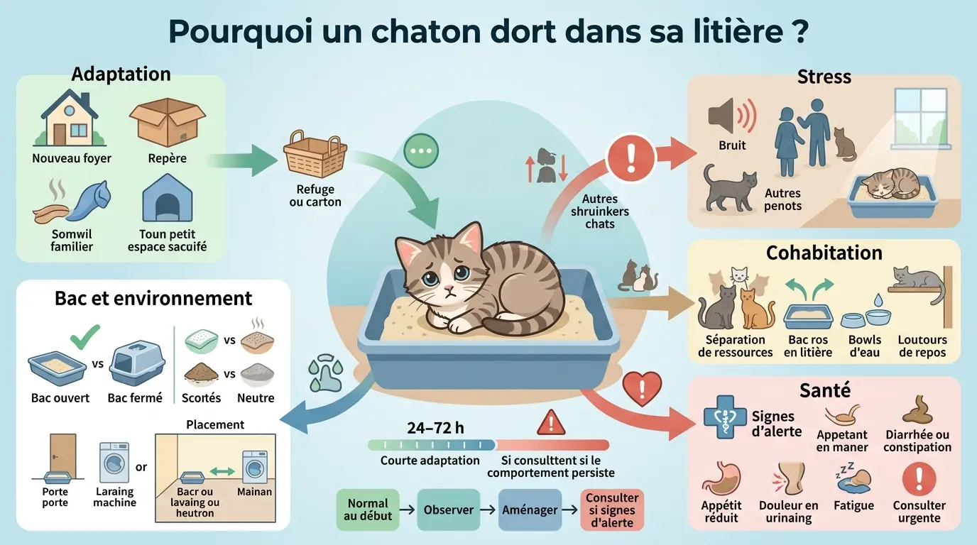Infographie éducative expliquant pourquoi mon chaton dort dans sa litière, avec des chemins d'adaptation, stress, environnement, cohabitation et santé.