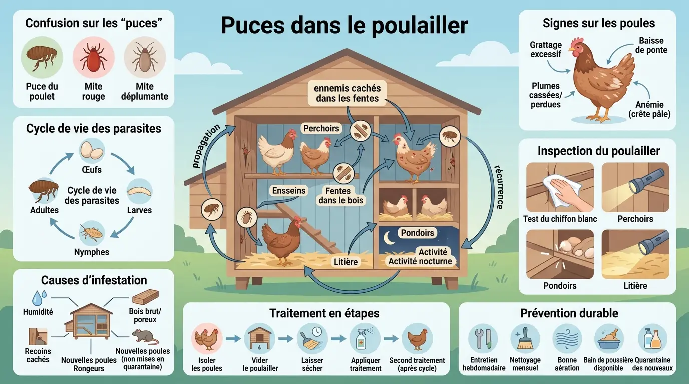 Infographie éducative sur les puces dans le poulailler, montrant les cachettes, symptômes et traitements des parasites.