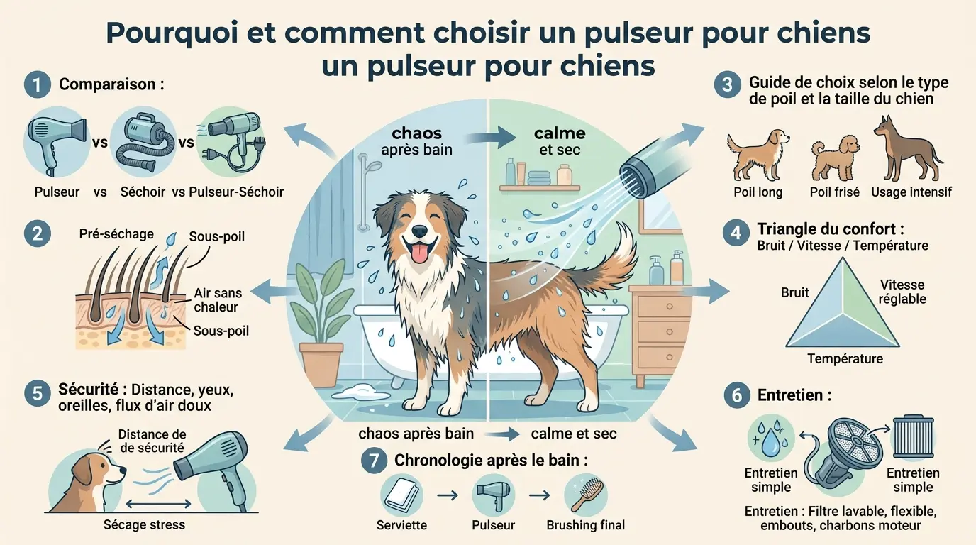 Infographie éducative sur le choix d'un pulseur pour chiens, montrant un chien heureux après un bain, avec des zones explicatives.