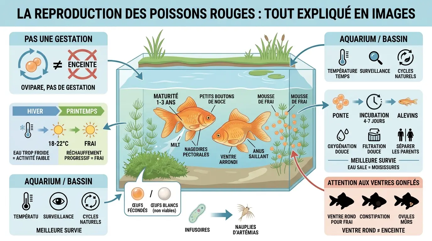 Infographie éducative sur la reproduction poissons rouges, illustrant le frai, les œufs et le développement des alevins.