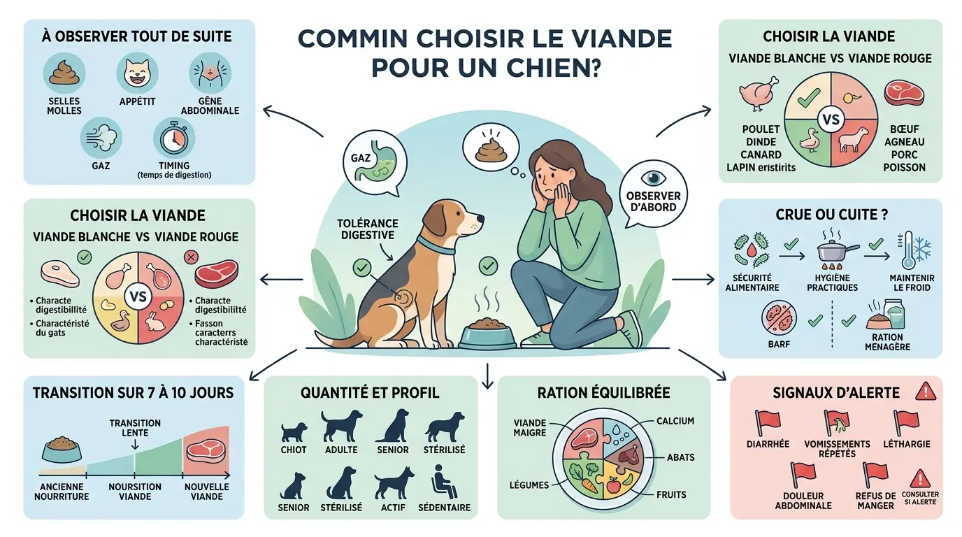 Infographie éducative sur la viande chien, montrant comment choisir et introduire la viande en toute sécurité avec des illustrations et conseils.