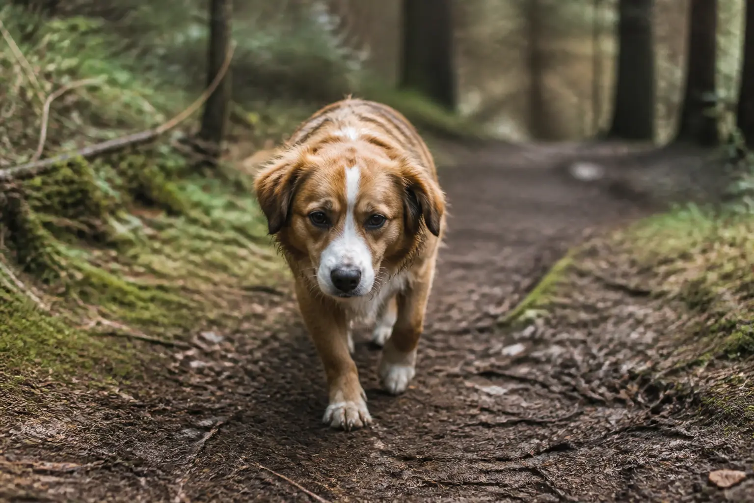 Chien boitant sur un sentier forestier, illustration d’un besoin anti inflammatoire chiens après la promenade.