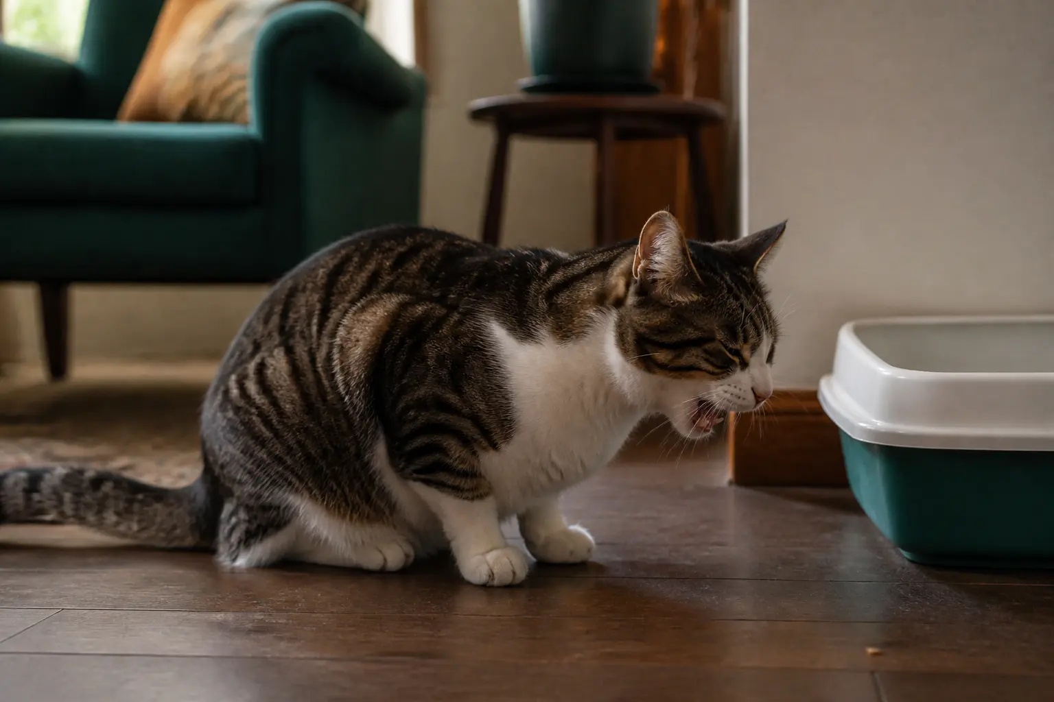 Chat toussant près d’une litière dans un salon, illustration de l’asthme des chats en intérieur naturel