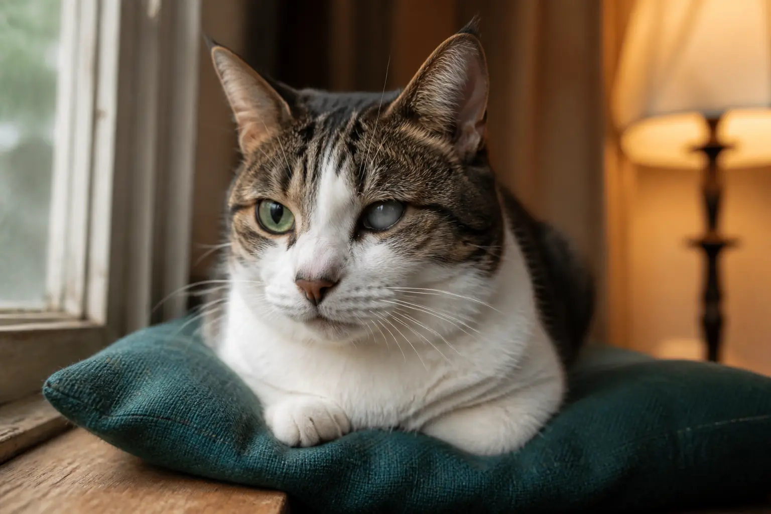 Chat qui louche en gros plan sur un rebord de fenêtre intérieur, lumière douce et ambiance calme naturelle