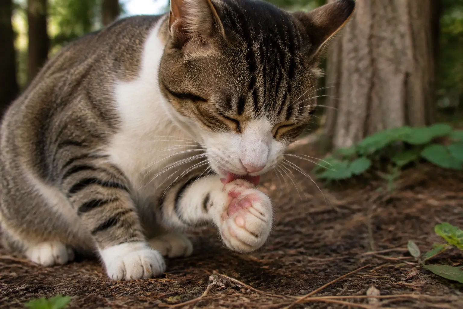 Chat léchant sa patte irritée près de pins, après contact avec une chenille processionnaire chat.