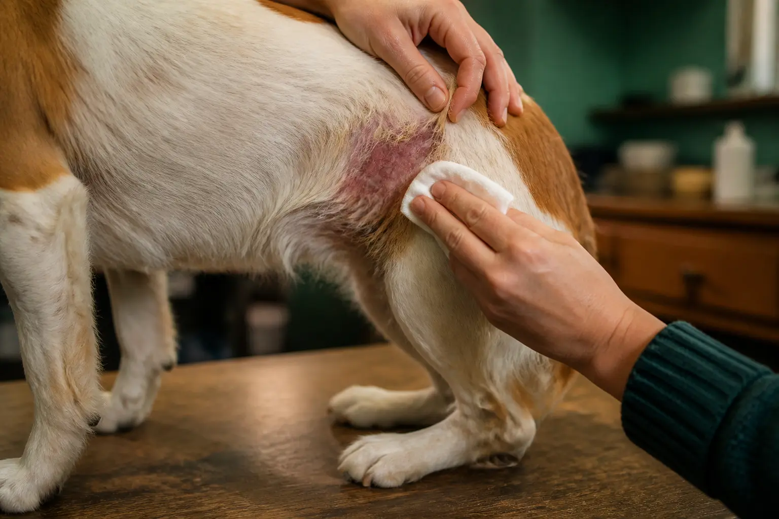 Chien hotspot : gros plan d’une zone de peau inflammée et humide sur le flanc, en salle vétérinaire sur table en bois