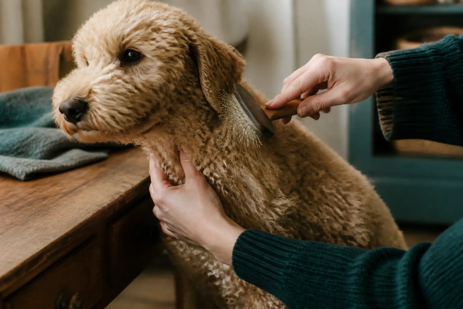 Brossage d’un chien qui ne perd pas ses poils, gros plan sur le pelage bouclé et les mains dans un coin toilettage chaleureux.