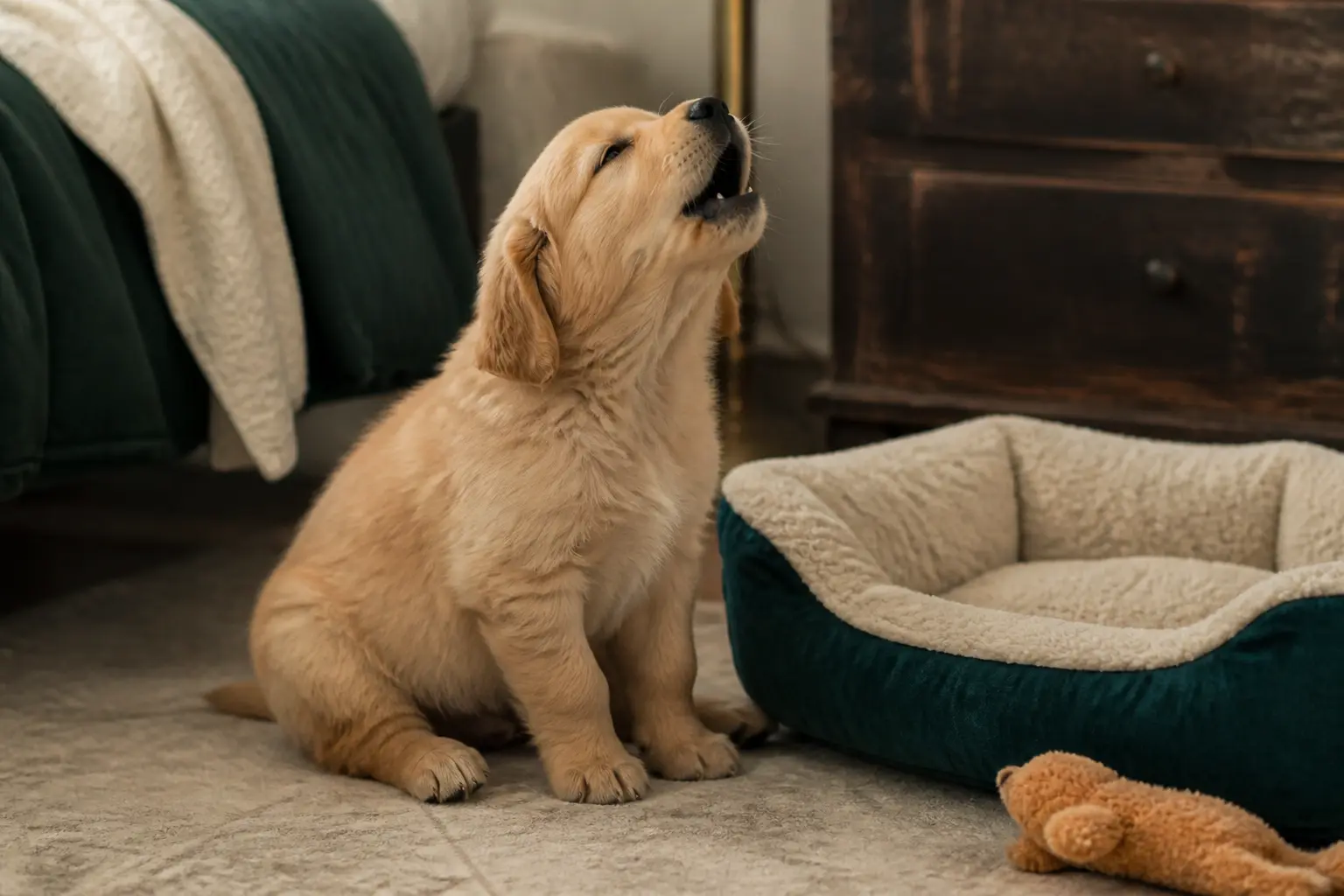 Chiot qui pleure près de son panier dans une chambre cosy, lumière douce et ambiance chaleureuse naturelle