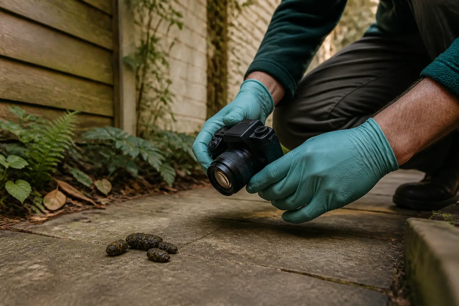 Mains gantées photographiant des crottes d'animaux nocturnes sur une pierre de patio, près d'un mur de jardin.