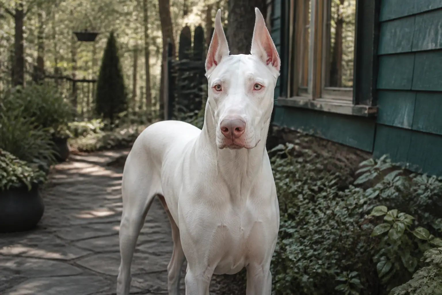 Doberman blanc en lumière naturelle sur un sentier de jardin, portrait réaliste centré, pelage et regard nets