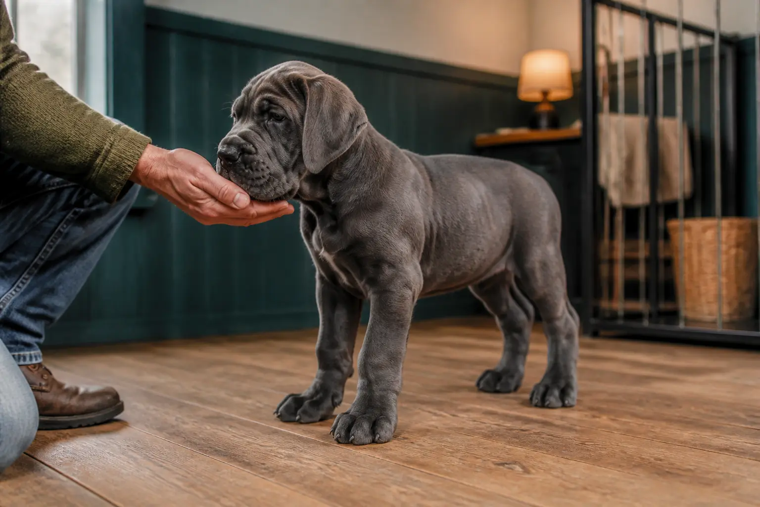 Dogue allemand chiot dans un chenil, debout près d’une main adulte, pattes géantes et pelage doux sur sol en bois clair