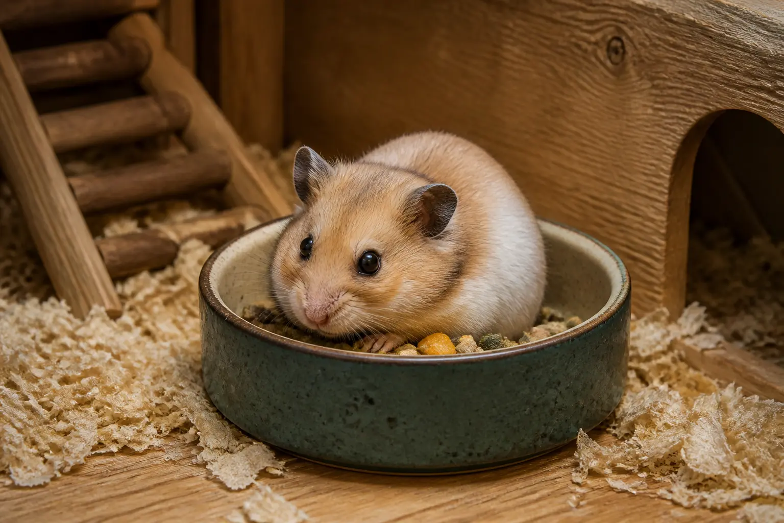 Hamster dans une gamelle en céramique dans un enclos en bois, illustrant la durée de vie hamster en douceur naturelle