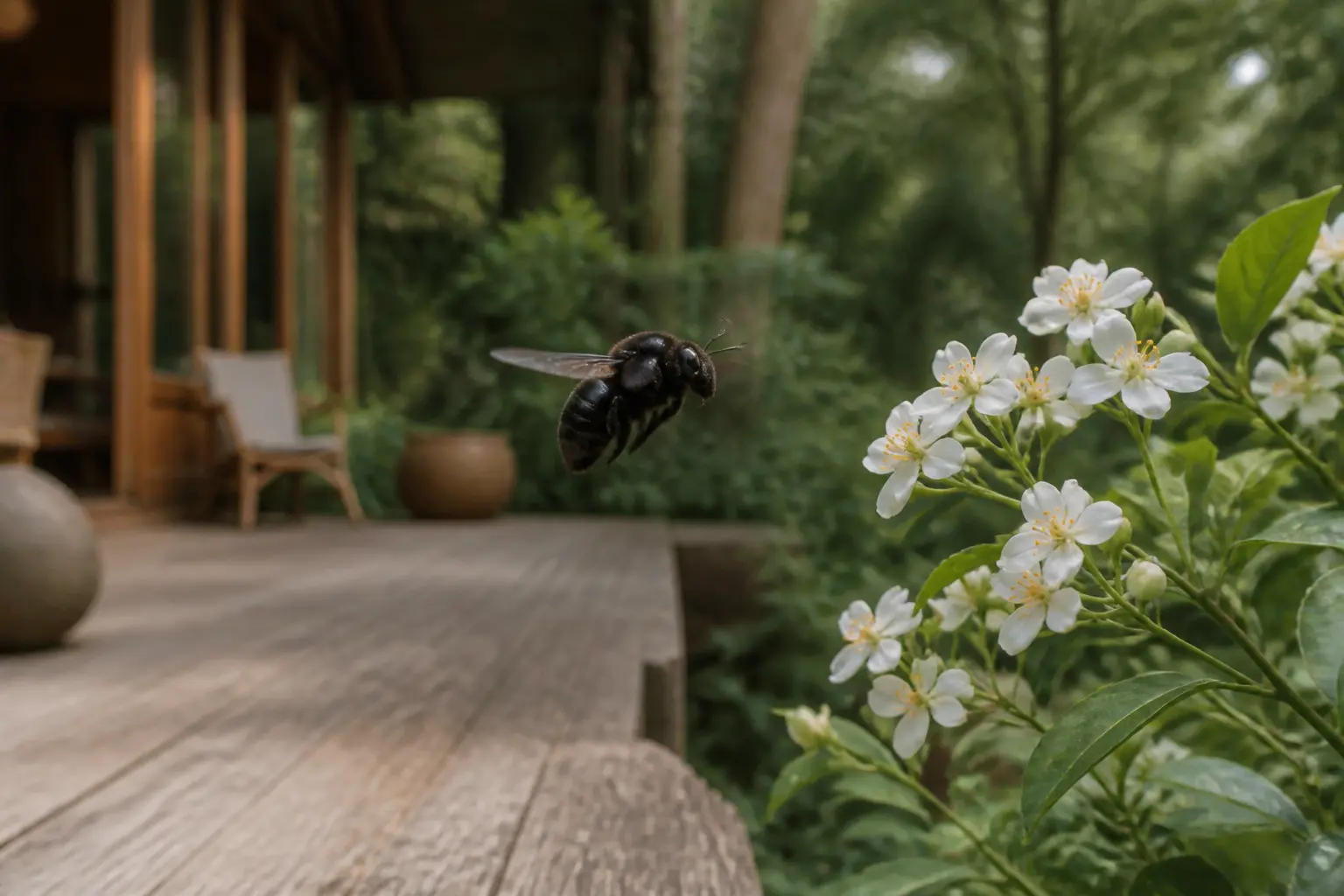 Frelon noir en gros plan près de fleurs, au bord d’une terrasse en bois, dans un jardin calme et lumineux