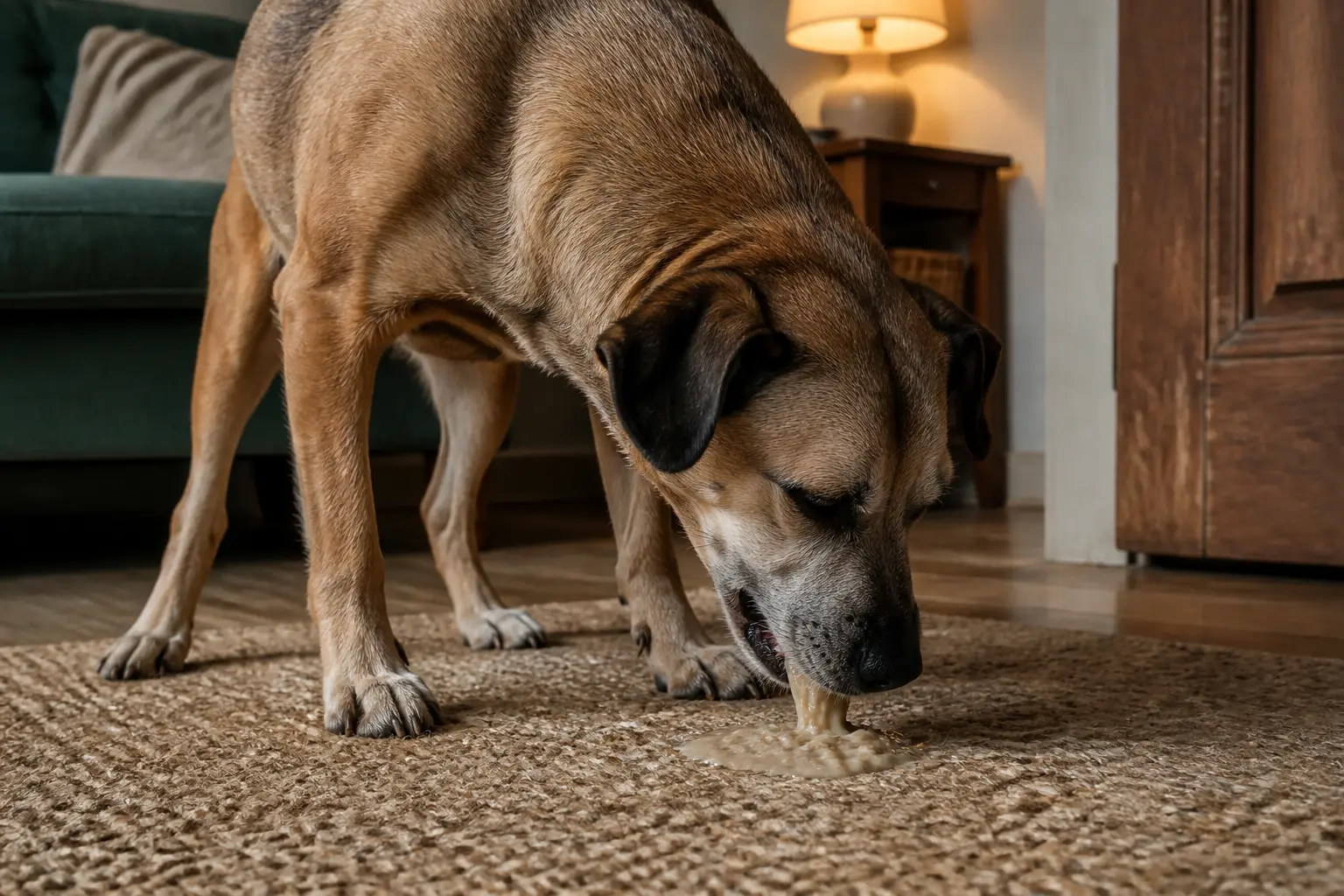 Chien vomissant sur un tapis tissé dans un salon, illustration concrète d’une gastro chien