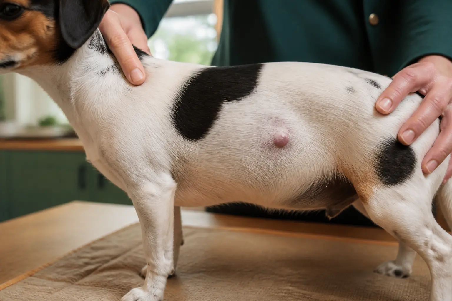Histiocytome chien : nodule cutané sur le flanc d’un jeune chien, en examen vétérinaire, gros plan réaliste.