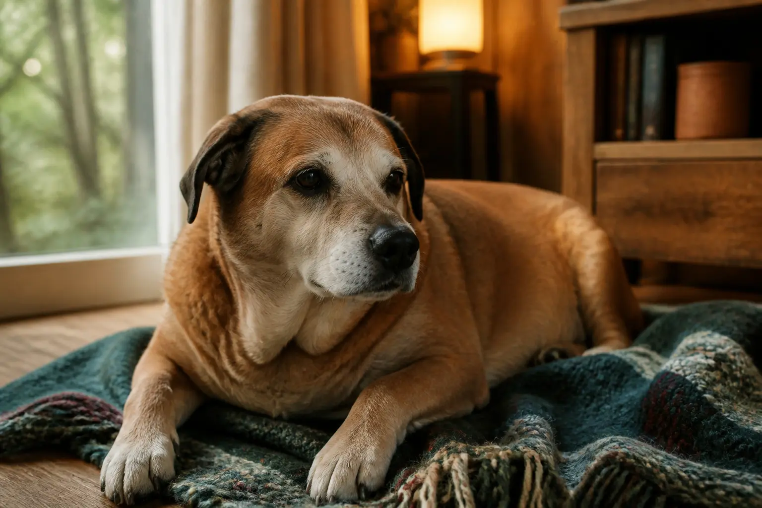 Chien adulte au pelage terne et léger surpoids dans un salon, illustration de l’hypothyroïdie chien