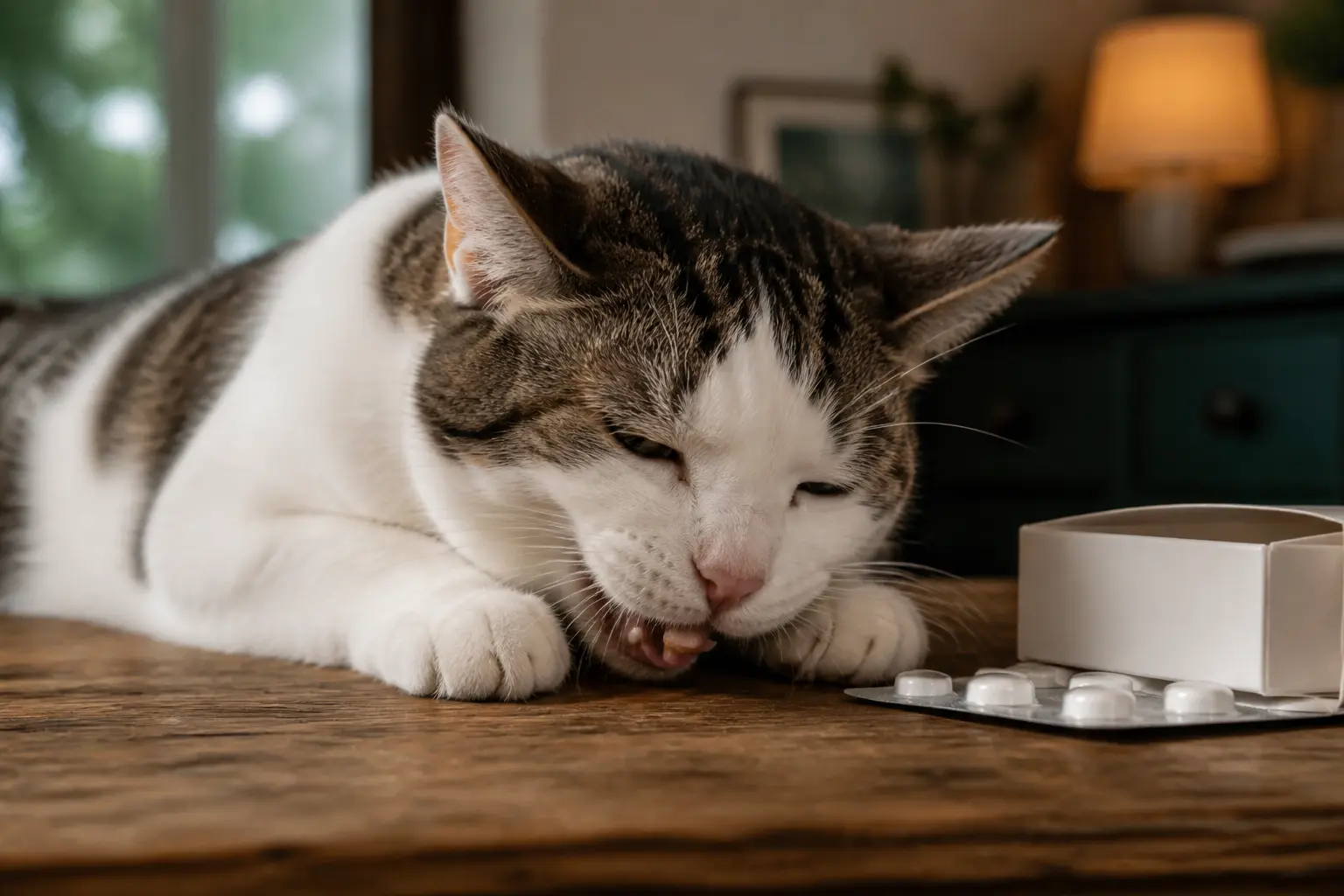 Chat mangeant un comprimé vétérinaire près d’une boîte de médicament, kesium chat, sur une table de cuisine calme