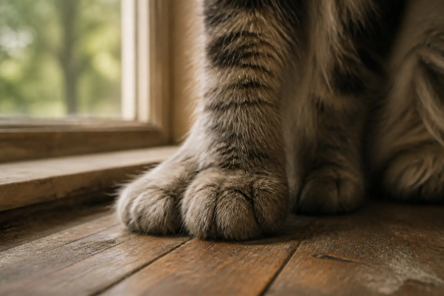Gros plan d’une patte de maine coon polydactyl sur plancher en bois près d’une fenêtre, lumière douce naturelle
