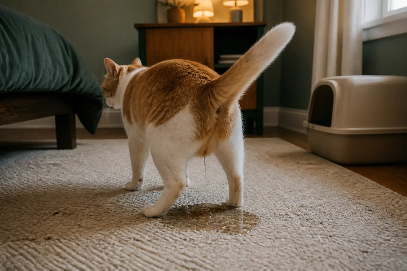 Mon chat fait pipi pour se venger, chat urinent sur un tapis de chambre près de sa litière, ambiance douce naturelle