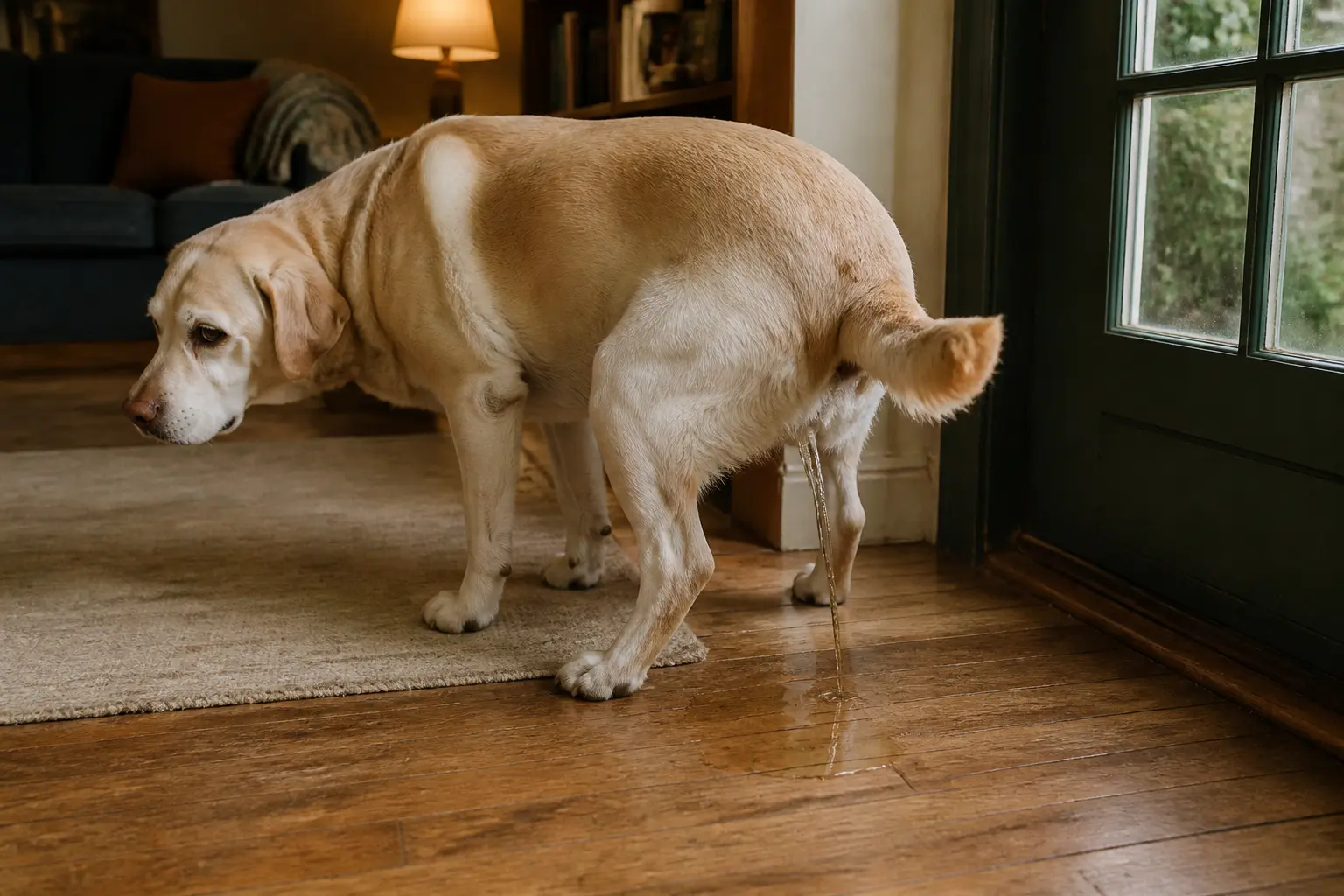 Mon chien fait pipi dans la maison, dans un salon calme près d’une porte, sur un parquet en bois.