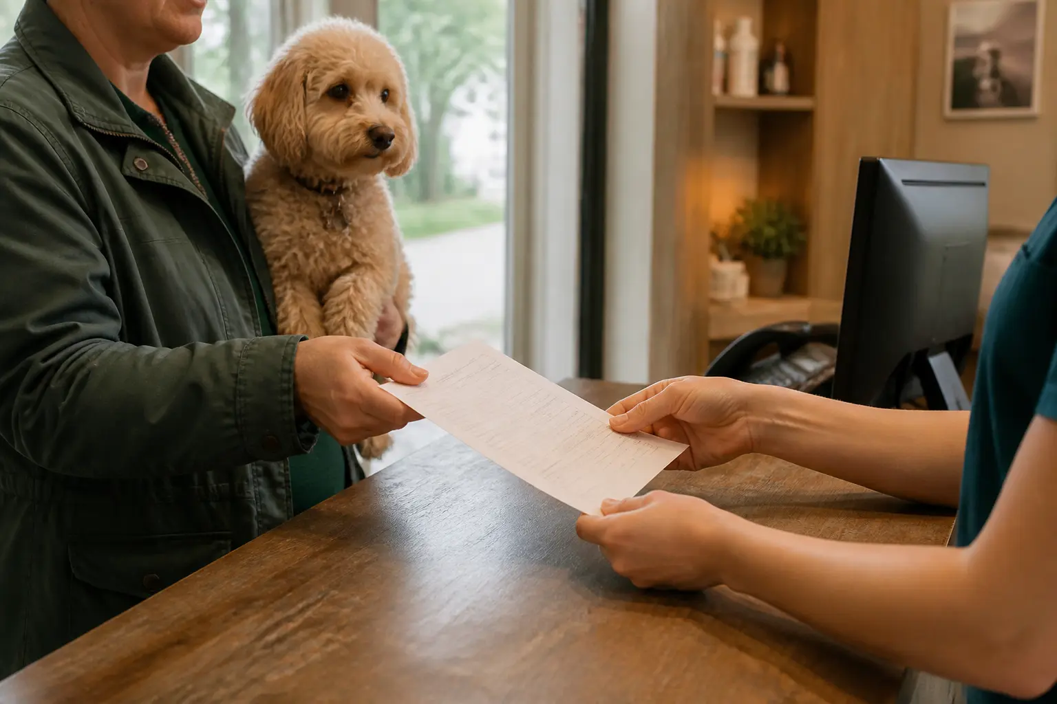 Paiement d’une facture vétérinaire au comptoir d’une clinique, avec payvet et mains échangeant le document