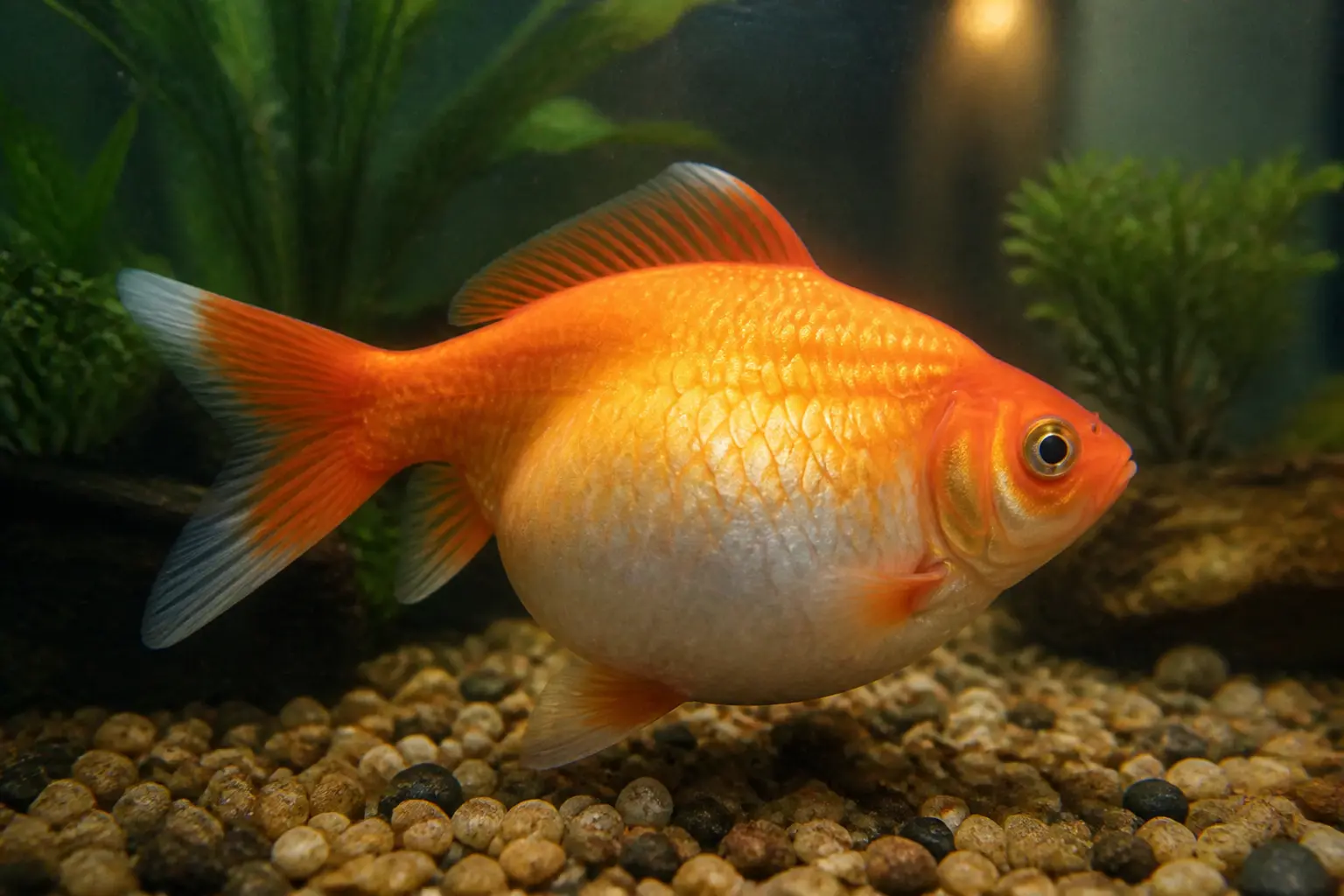 Poisson gonflé vu de profil dans un aquarium domestique, abdomen très distendu, plantes et gravier en arrière-plan.