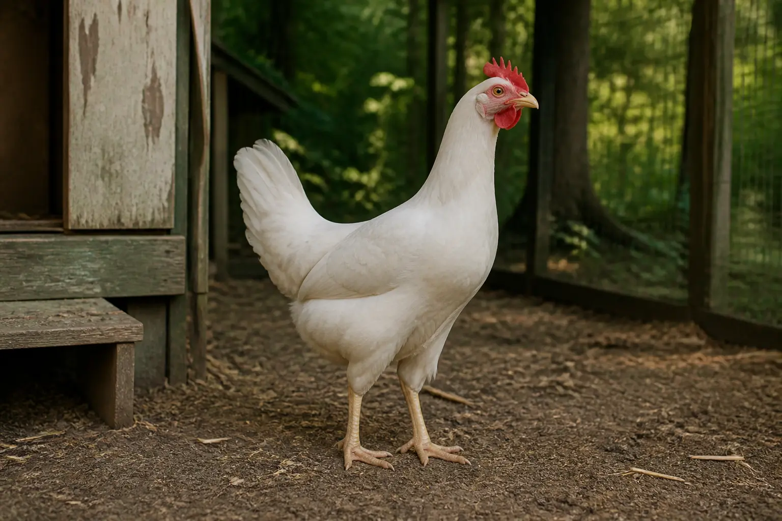 Poules leghornes blanches dans un petit enclos de jardin, devant un poulailler en bois vieilli, lumière douce naturelle