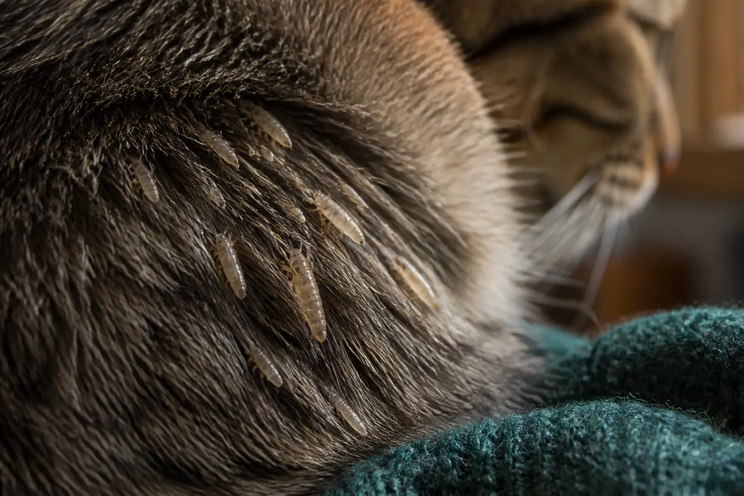 Gros plan réaliste sur des poux chat et lentes dans le pelage d’un chat, en intérieur calme, lumière douce naturelle