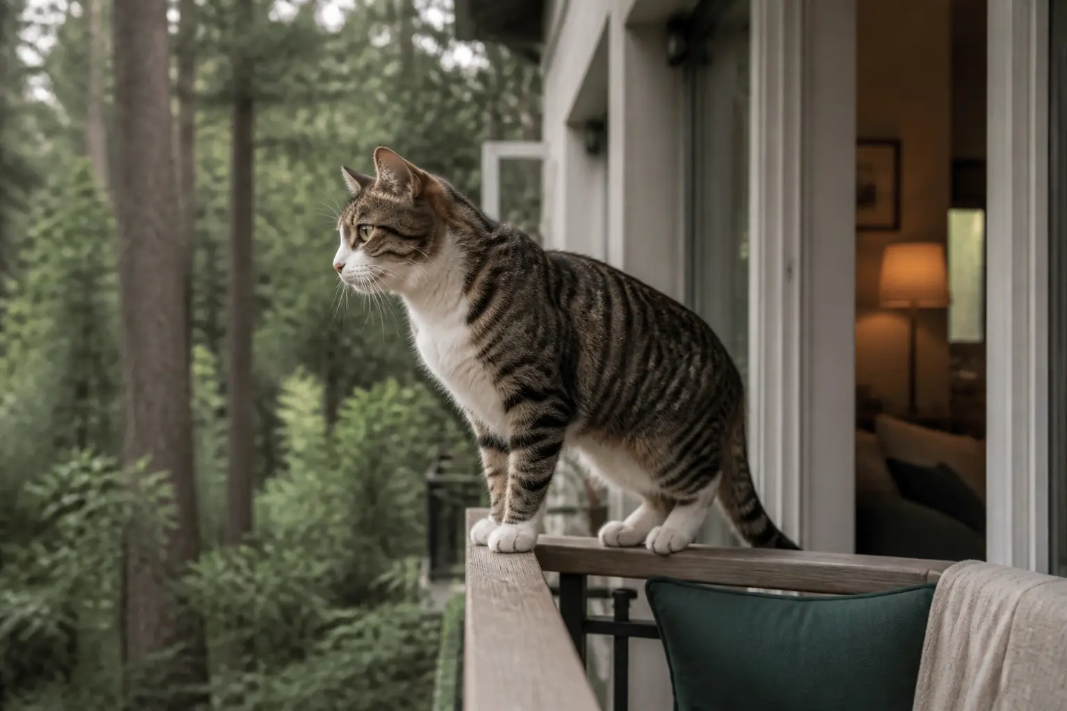 Chat sur un balcon d’appartement, illustrant la protection balcon chat dans un cadre naturel et lumineux