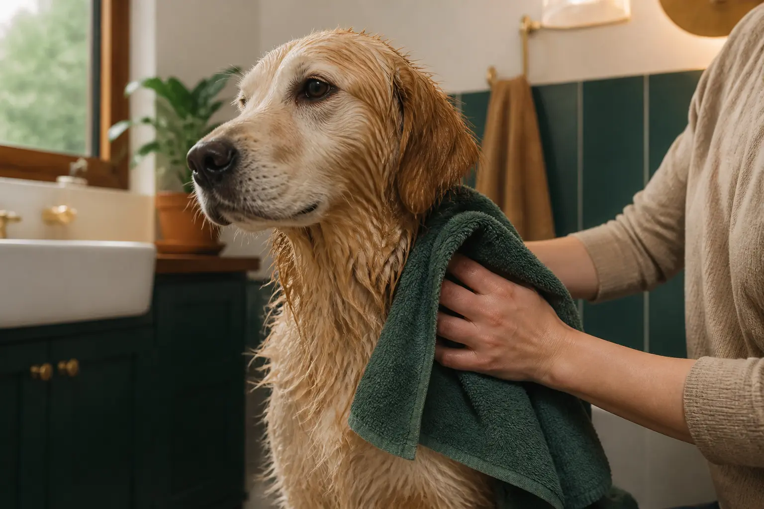 Shampoing chien : chien mouillé essuyé à la serviette dans une salle de bain, lumière douce naturelle