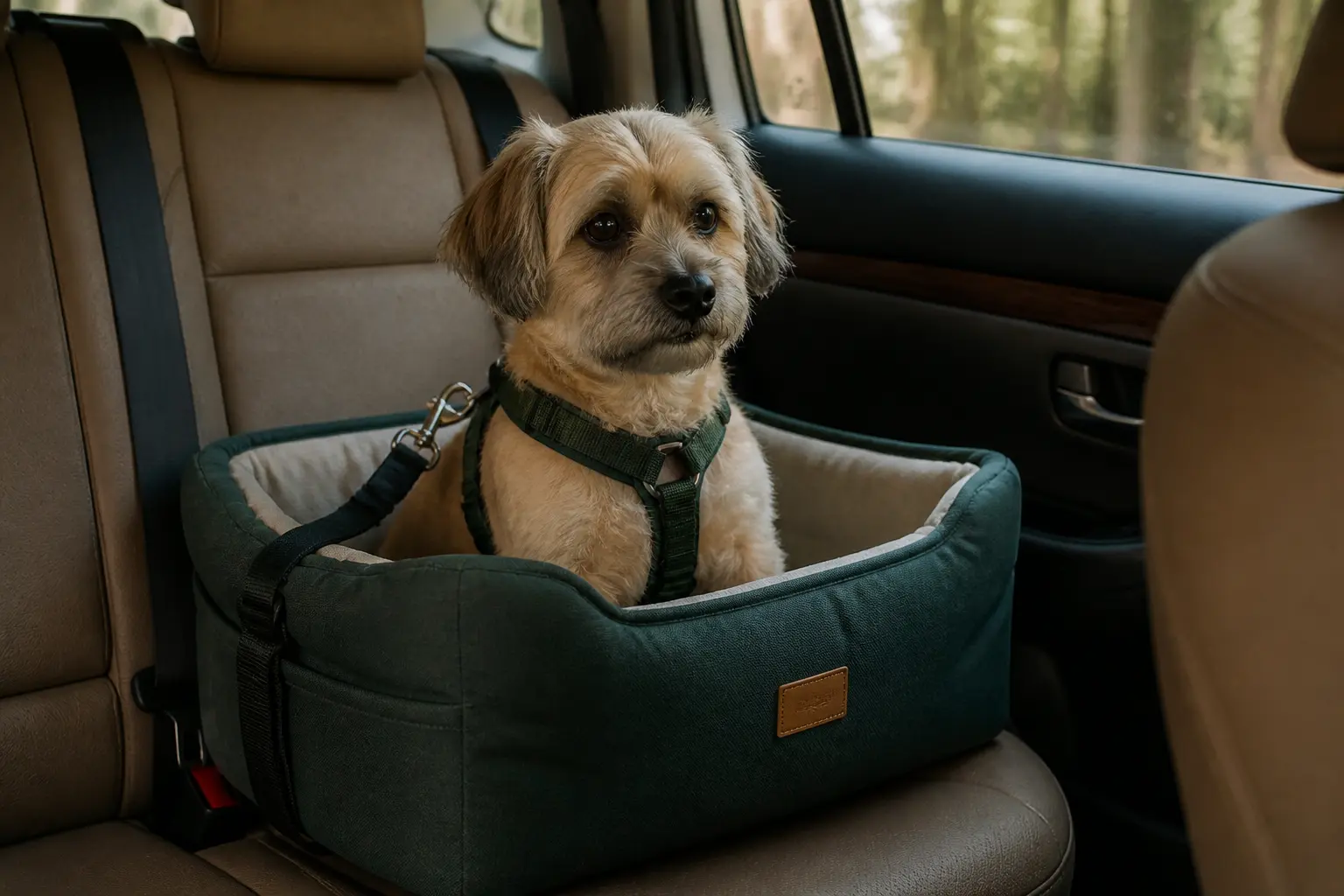 Petit chien dans un siege auto pour chien sécurisé sur la banquette arrière d’une voiture, lumière naturelle douce