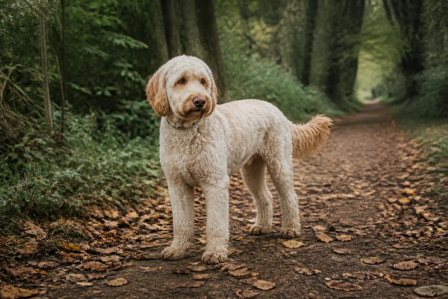 Chien debout sur un sentier forestier, illustrant le tableau du langage du chien dans une scène naturelle calme