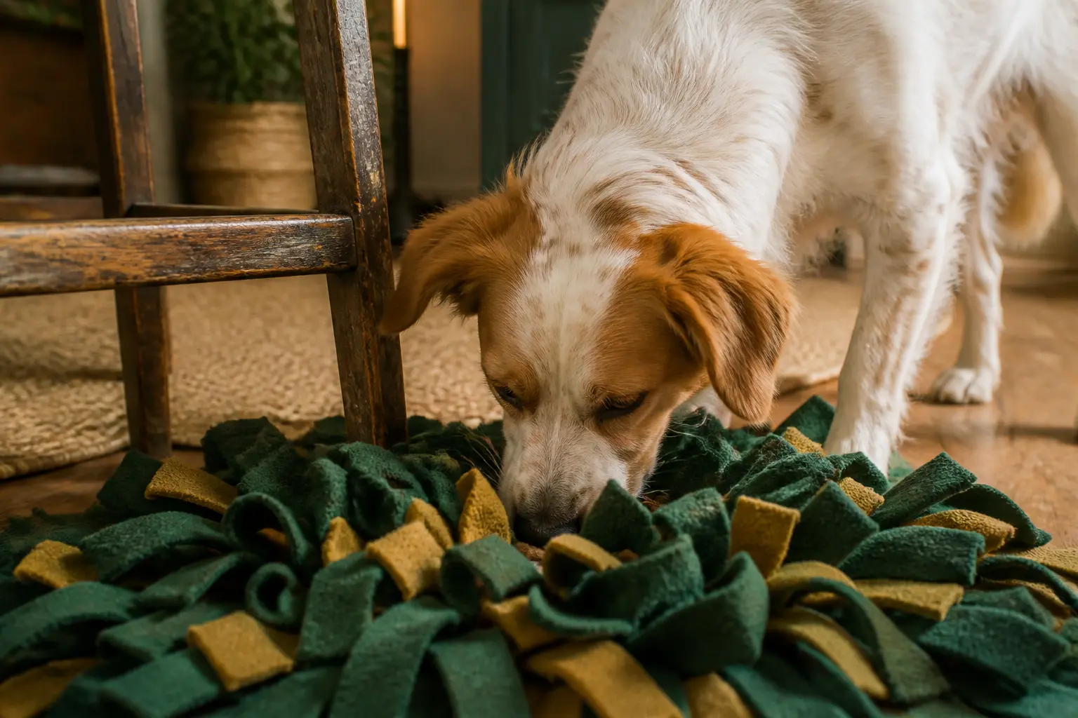 Chien reniflant des croquettes dans un tapis de fouille chien, dans un salon calme près d’une chaise en bois usée
