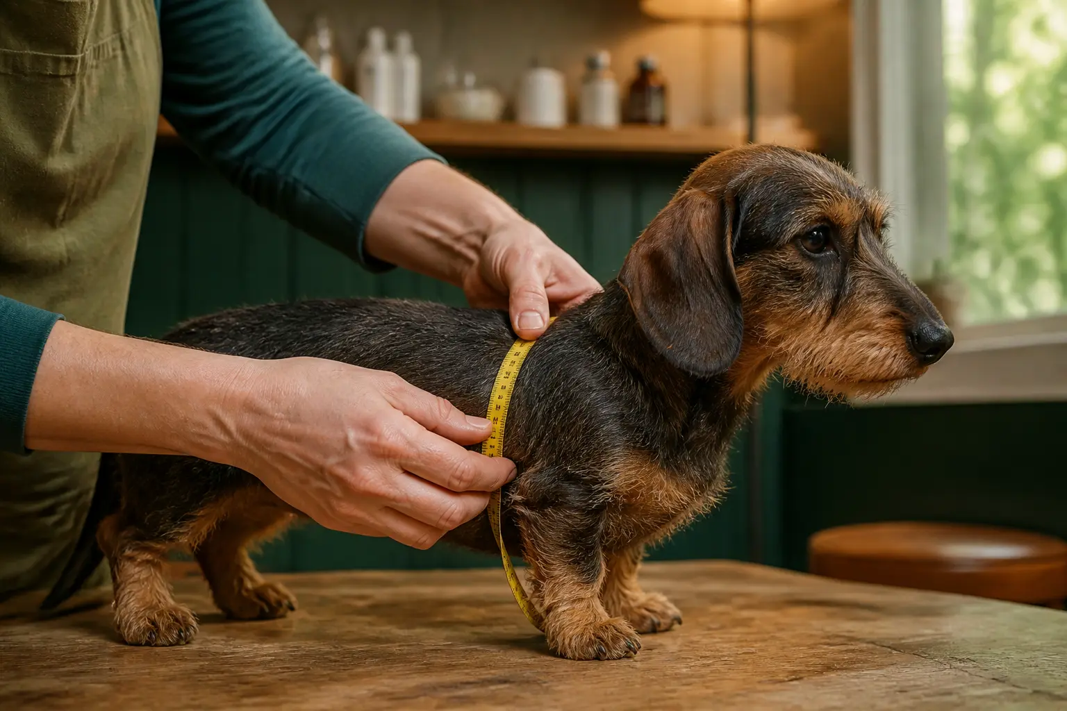 Teckel kaninchen chiot à poil dur mesuré au thorax sur une table d’examen vétérinaire, vue de profil naturelle
