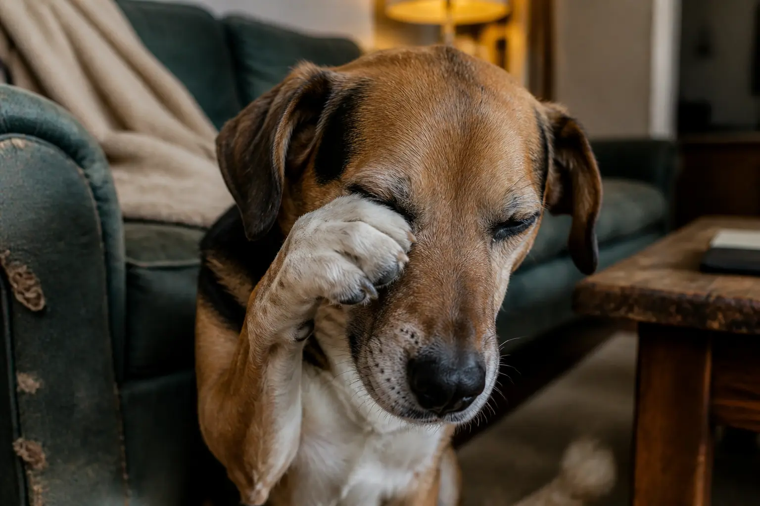 Chien se frottant l’œil gonflé dans un salon, gros plan réaliste sur un ulcere oeil chien près d’un canapé usé