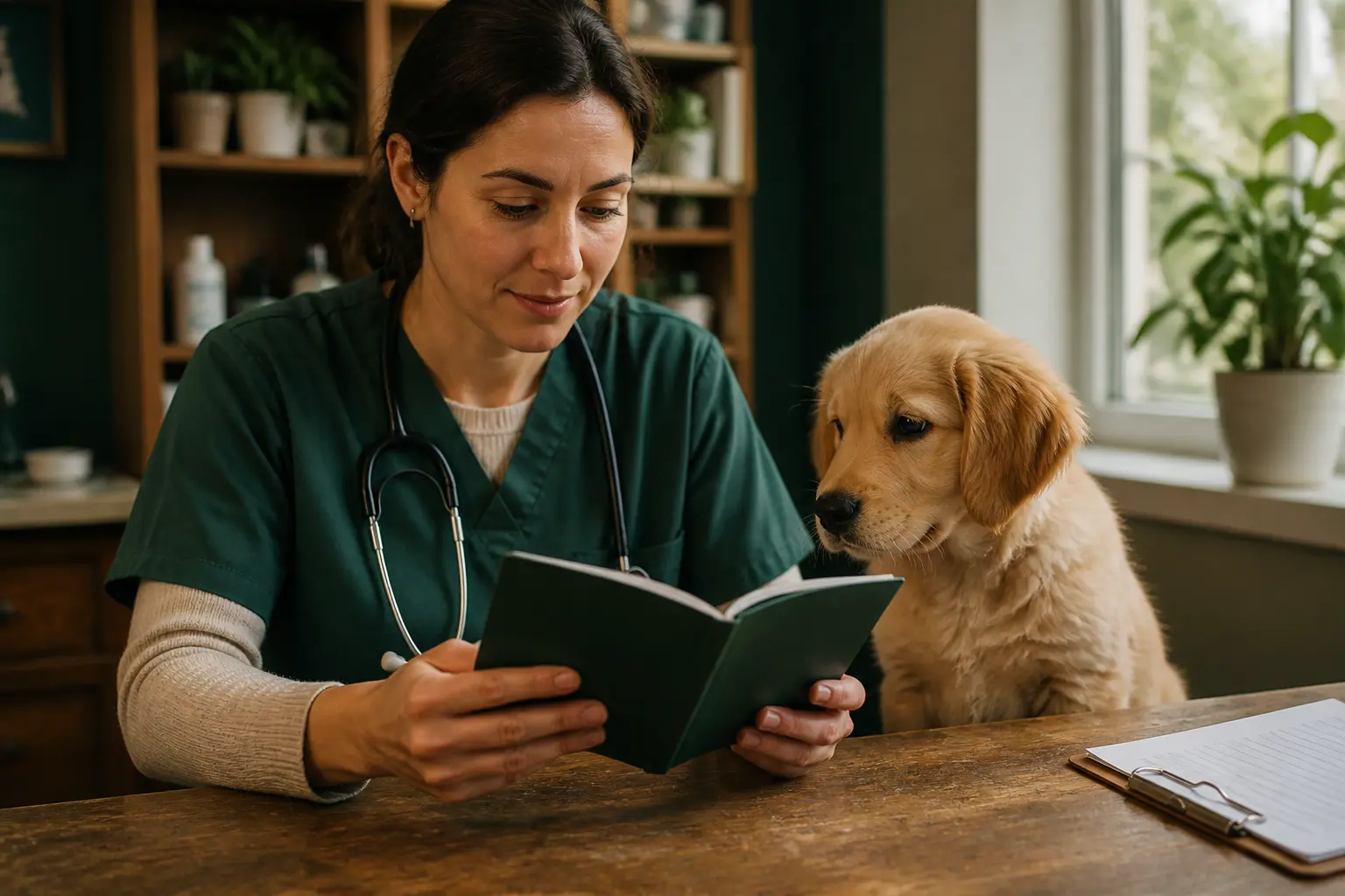 Vétérinaire examinant le carnet de vaccination du chiot dans une salle de consultation calme et lumineuse