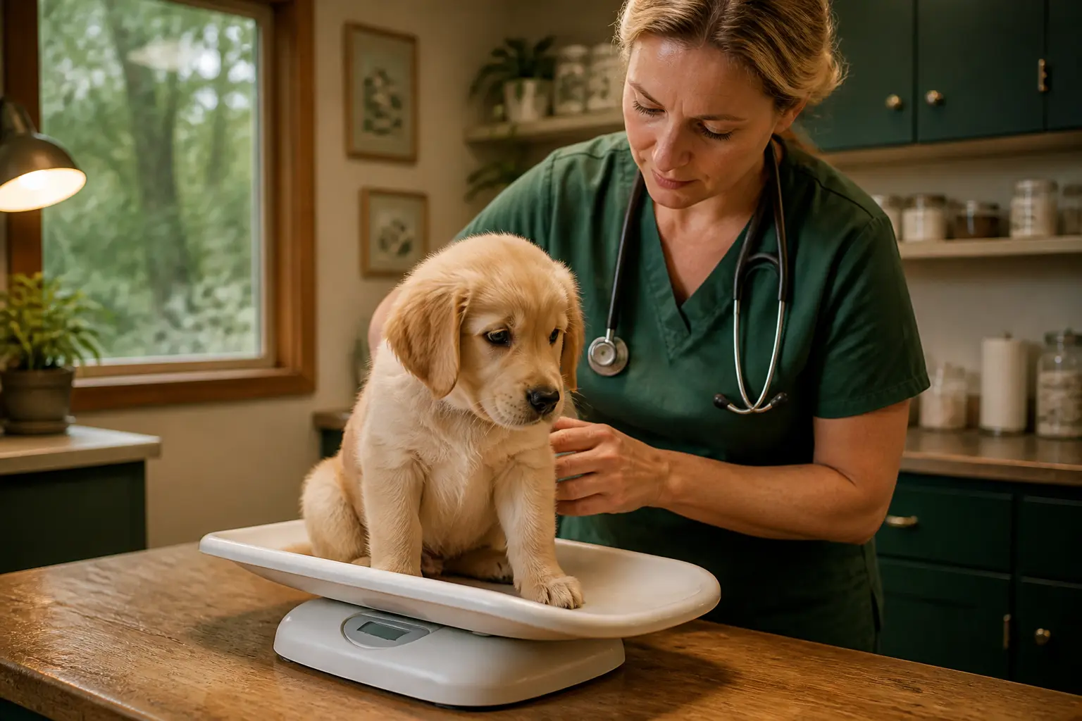Vétérinaire pesant un chiot en salle d’examen, illustration du vermifuge des chiots en cabinet vétérinaire