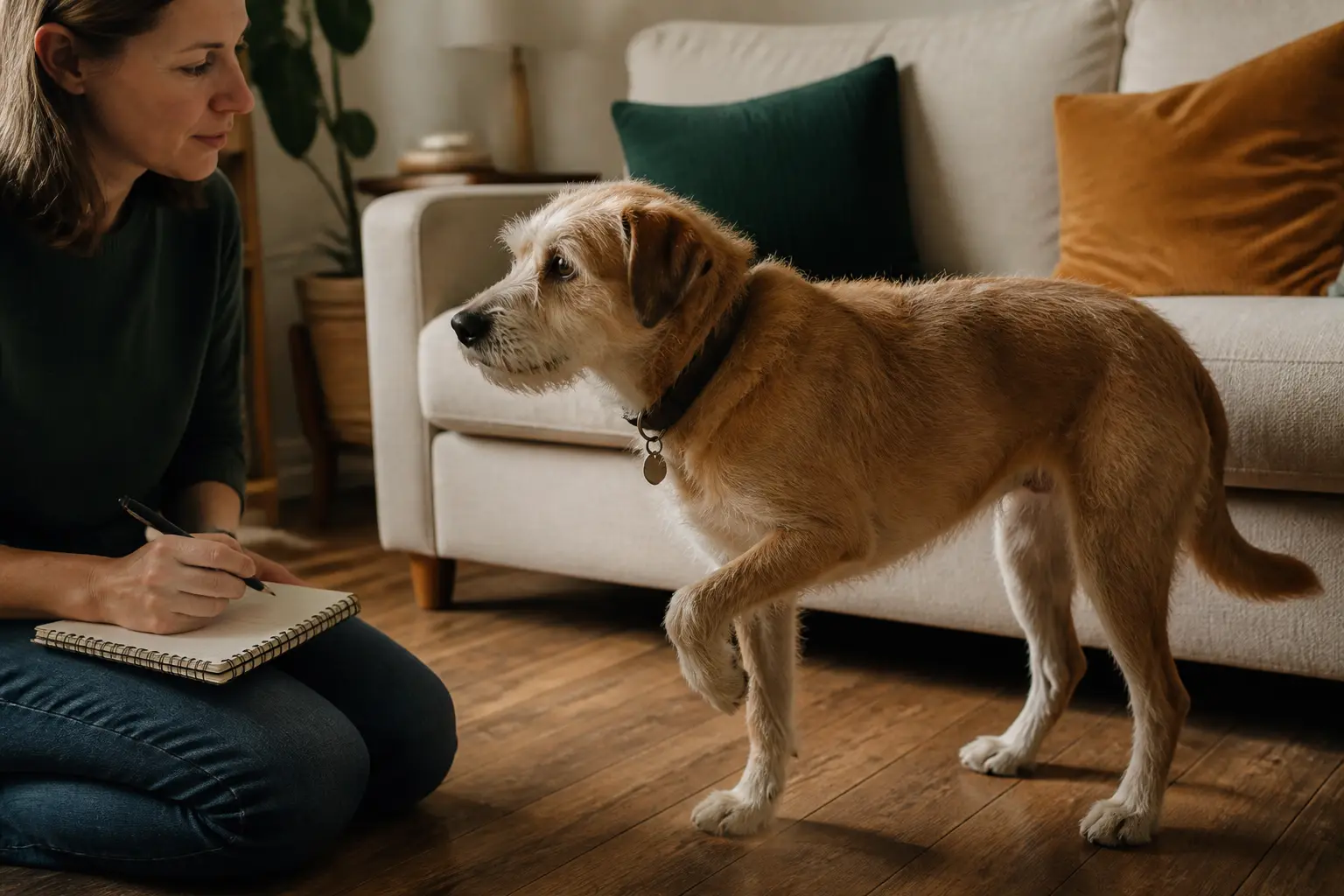 Chien calme près du canapé, patte levée, propriétaire notant la douleur avant un anti inflammatoire chiens à la maison