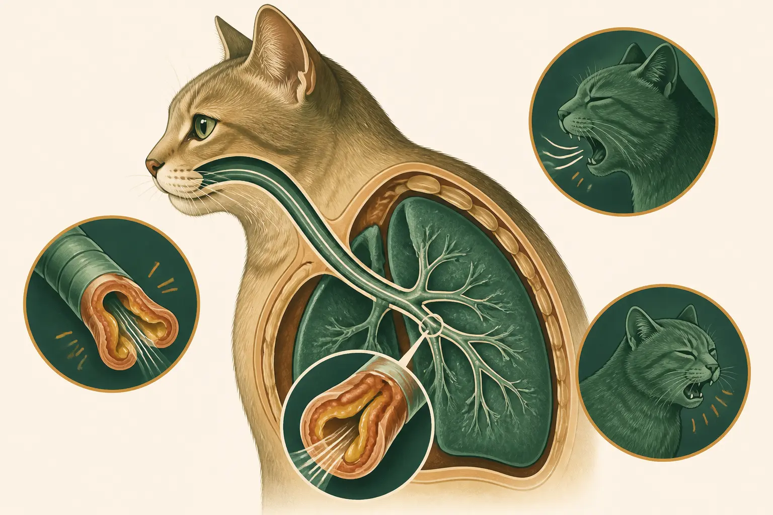 Asthme des chats : coupe des bronches d’un chat, voies aériennes enflammées et rétrécies, mucus et souffle gêné.