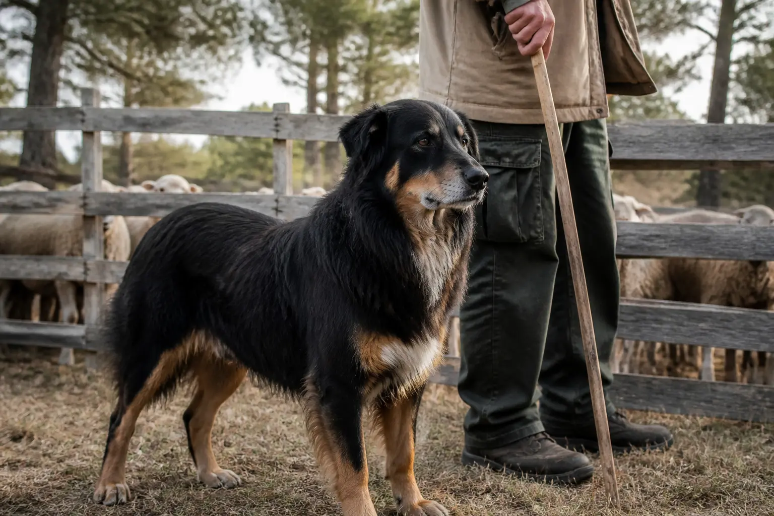 Berger de crau dans une bergerie provençale, chien de travail calme près d’un berger et de moutons en Crau