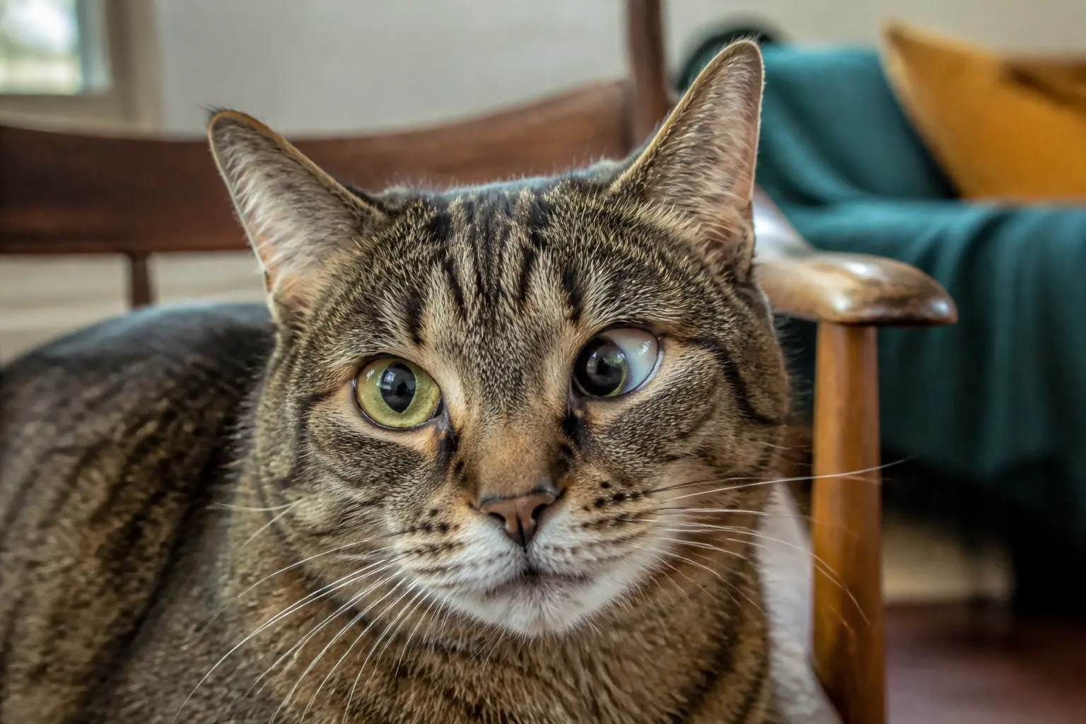 Chat qui louche : chat domestique calme, gros plan réaliste, un œil dévié, assis près d’une fenêtre intérieure.
