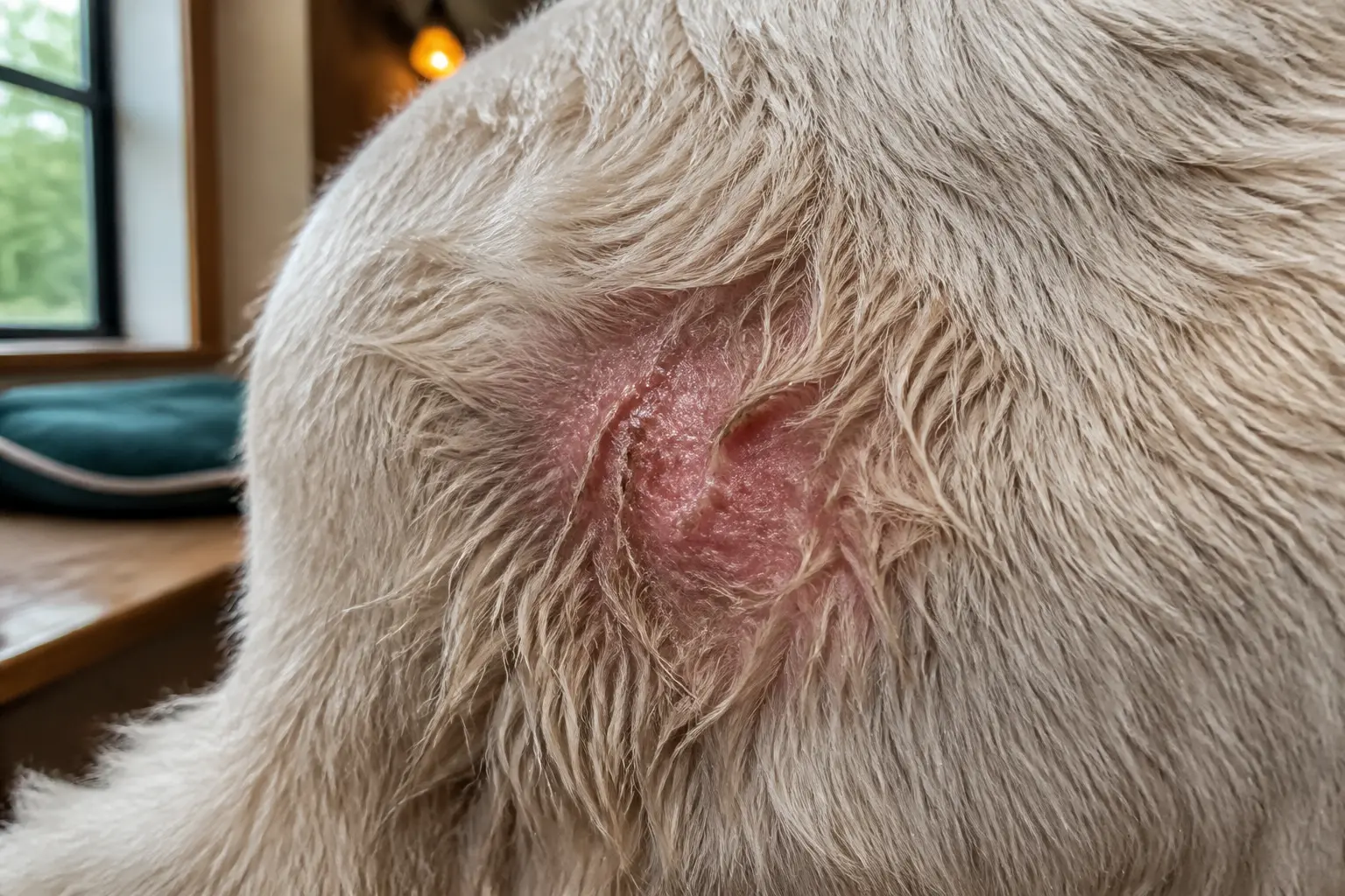 Chien hotspot : gros plan d’une plaque cutanée rouge et humide sur le flanc d’un chien, poil écarté en intérieur lumineux